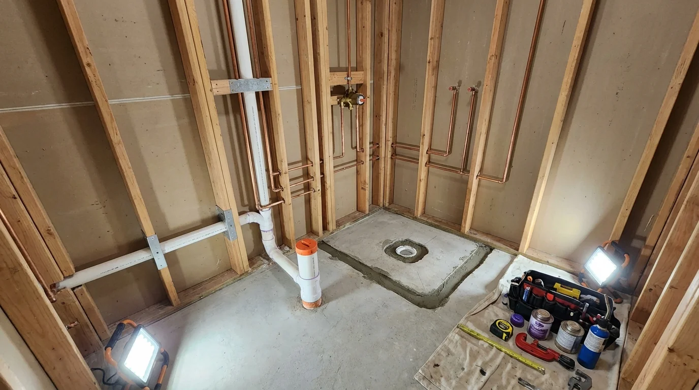 Bathroom rough-in plumbing during remodel by Johns Plumbing LLC in Petoskey