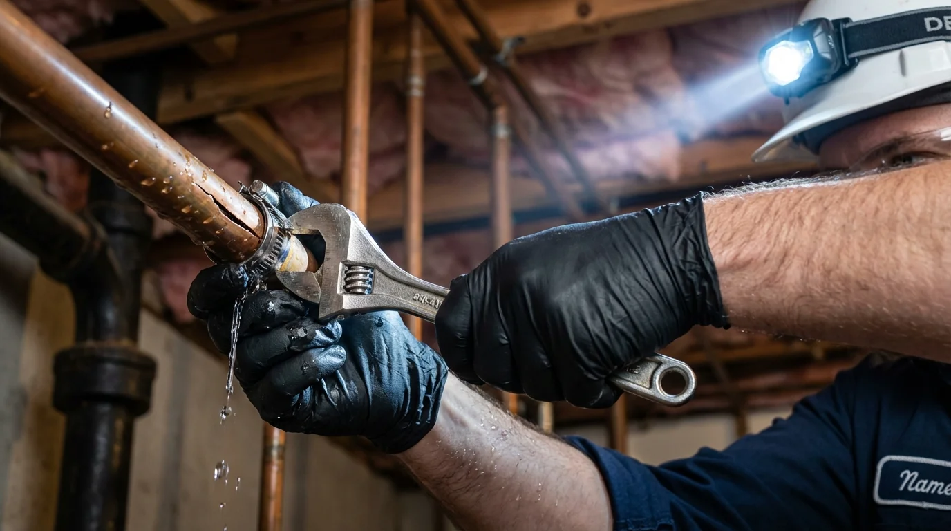 Emergency pipe clamp repair being performed by a Johns Plumbing LLC plumber in Petoskey