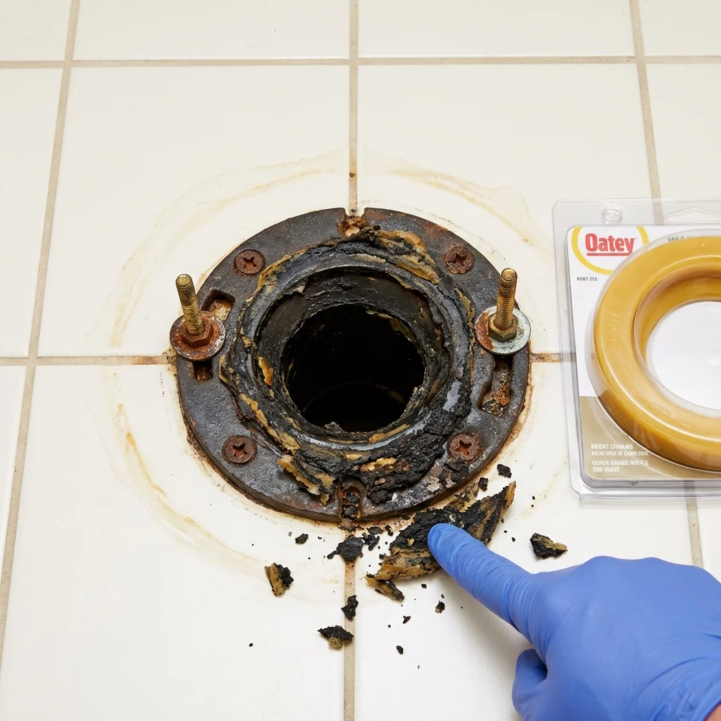 Failed wax ring showing water seepage at the base of a toilet in a Petoskey, MI home
