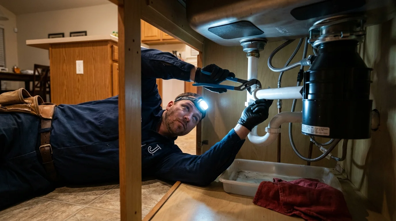 P-trap and supply line connections under a kitchen sink showing a common leak point in Petoskey, MI